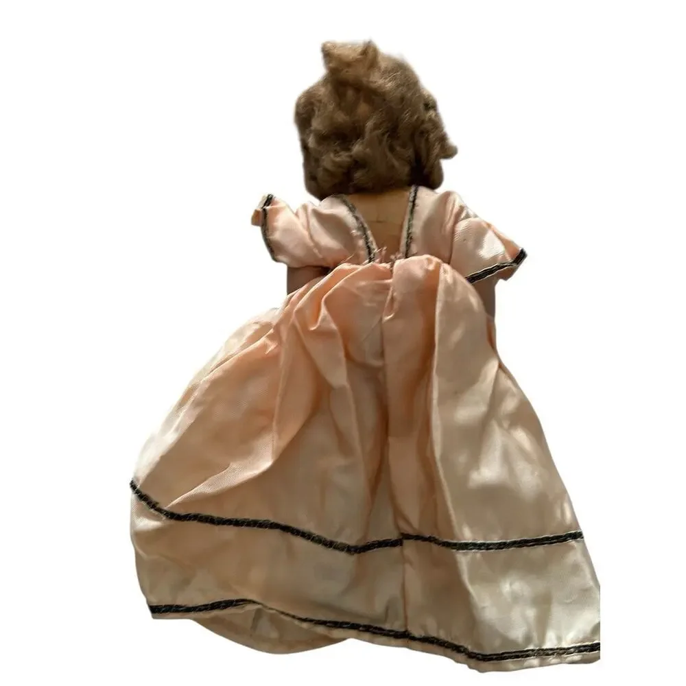 Miss Hollywood Doll 1940s Hand Painted Peach Dress Brown Hair Blue Eyes
